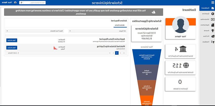 Screenshot of ScholarshipUniverse Dashboard